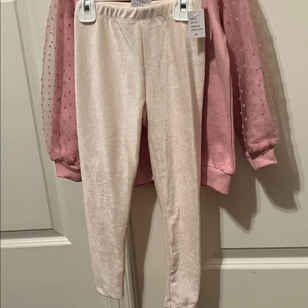 NWT Jessica Simpson Pink Long-Sleeve Top with Sheer Sleeves & Cream Leggings 4T